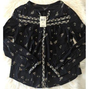 Lucky Brand Women Black White Flowers Prairie Long Sleeve Top M Button Down